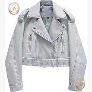 Faux Leather Cropped Biker Jacket with Belt and Zipper Pockets